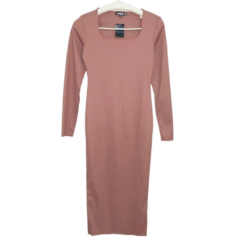 NWOT MISSGUIDED Taupe ribbed long sleeve bodycon midi dress
